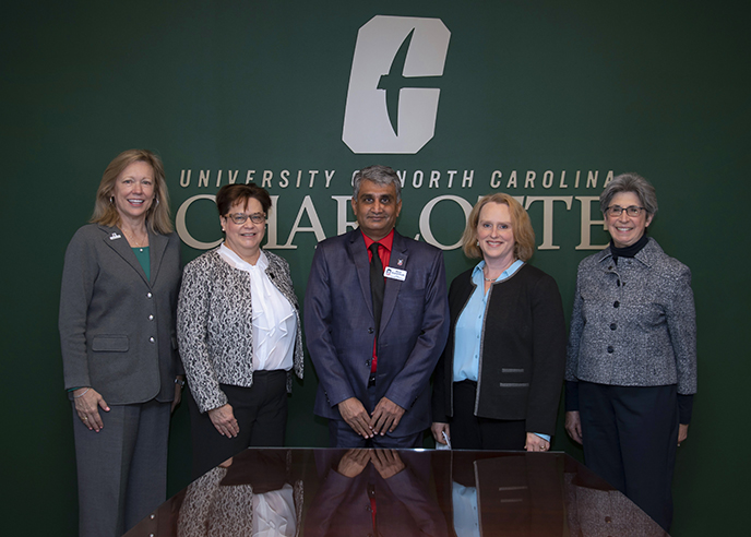 UNC Charlotte Chancellor Sharon Gaber; Professor Sharon Lassar (accounting chair), Daniels College of Business at the University of Denver; Balaji Rajagopalan (peer review team chair), dean of the College of Business at Northern Illinois University; Belk College Dean Jennifer Troyer; and Charlotte Provost Joan Lorden. 