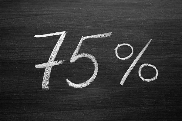 Stock image of a chalkboard with 75% written on it.